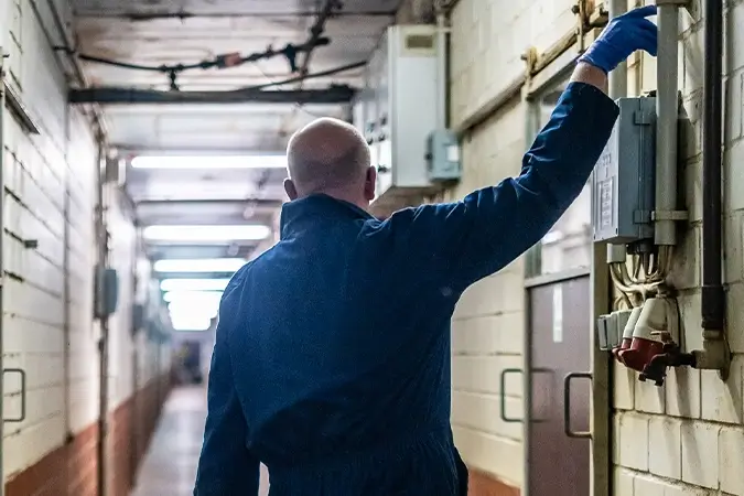 Mitarbeiter in Schutzkleidung bedient Schalter im Schweinestall